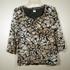 Unique cut fabric stretch top with 3/4 Sleeves and scalloped hems by NTCO Sz:M